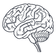Stylized outline of a human brain with integrated circuit pathways and nodes representing digital connections