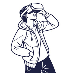 Young person wearing a virtual reality headset and looking up in amazement with hand on headset