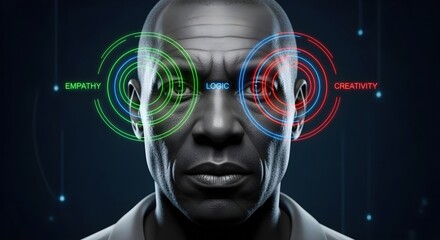 3D male face analyzing empathy, logic & creativity on dark background