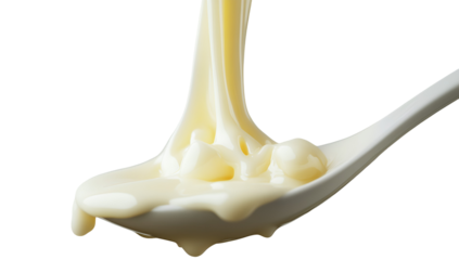 High-resolution close-up of creamy white condensed milk dripping from a modern spoon, isolated on white
