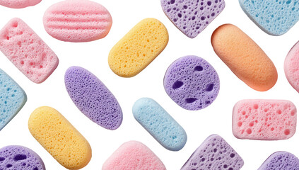 Assorted pastel-colored bath sponges, various shapes and sizes, arranged in a mosaic pattern against a black background