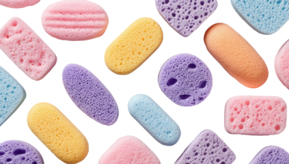 Assorted pastel-colored bath sponges, various shapes and sizes, arranged in a mosaic pattern against a black background