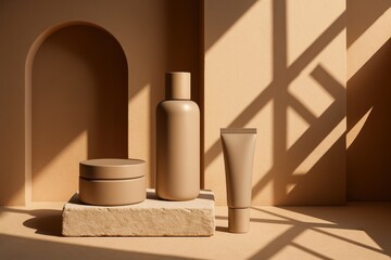 Contemporary lifestyle product staging with neutral tones and geometric shadow play