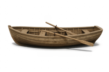 Classic wooden rowboat with oars isolated on transparent background