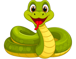 Smiling Green Cartoon Snake Coiled Up, Big Eyes and Friendly Face, Isolated PNG