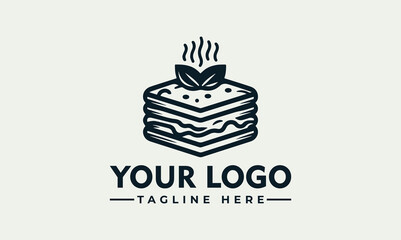 Stylish logo design featuring a layered pastry, possibly lasagna, topped with basil leaves and steam, ideal for a food business.