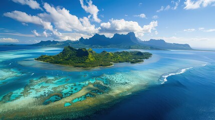 Fototapeta premium Aerial view of a tropical island surrounded by turquoise water and distant mountain peaks under a blue sky