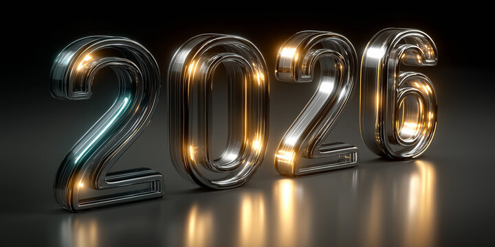 2026 Shiny Numerals: Gleaming metallic numerals, showcasing the year 2026 in a captivating display of futuristic design and visual appeal.