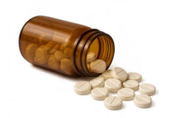 White pills spilling from a brown medicine bottle on a transparent background