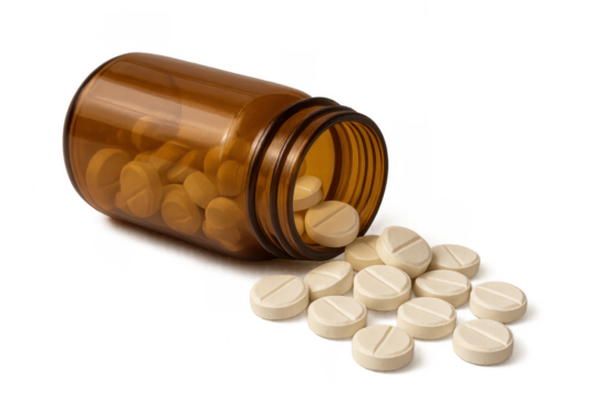 White pills spilling from a brown medicine bottle on a transparent background