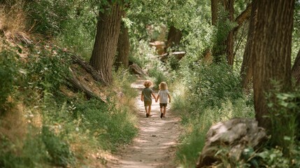 Two Children Walking Hand in Hand on Forest Trail with Tall Trees and Green Foliage in Natural Light