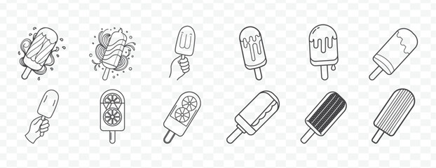 Hand Drawn Ice Cream Popsicle Line Art Collection for Creative Design Use in Summer Dessert Illustrations