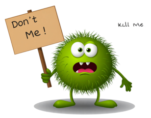 Fuzzy Green Microbe with Scared Face Holding Tiny Sign Saying “Don’t Kill Me”, Comic Style, Isolated PNG