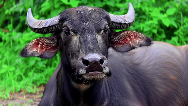 Majestic Water Buffalo Portrait with Prominent Horns Resting in Lush Green Natural Habitat