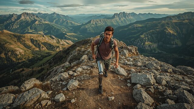 Man with prosthetic leg hiking in a mountainous landscape