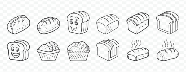 Detailed Line Drawing of Bread Loaf Collection for Creative Use in Baking Design and Food Illustration Projects