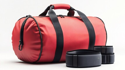 Red sports bag and ankle weights resting on white background