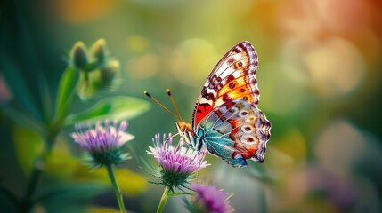 A Colorful Butterfly Resting on a Flower - A Beautiful Encounter in Nature. The Vividly Colored Butterfly with Its Delicate Wings, Perched Gracefully on the Petals 