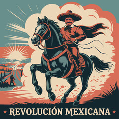 Flat Mexican Revolution Illustration Revolutionary Figure with Rifle and Flag