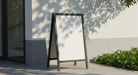 A black A-frame sign stands on a light gray pavement in front of a light beige building.