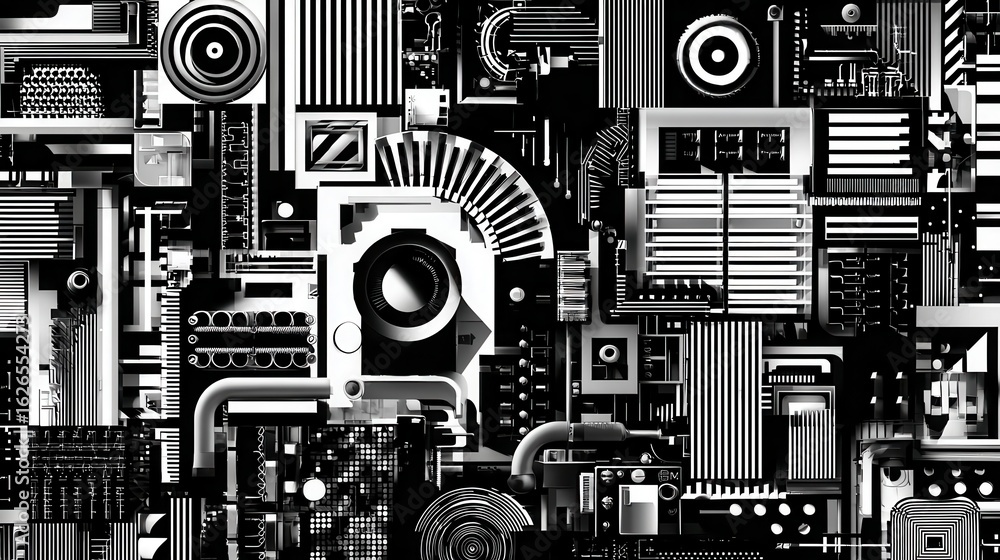 Poster abstract design featuring mechanical components in grayscale.