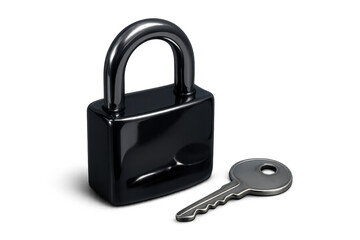 Black closed padlock and key lying on transparent background