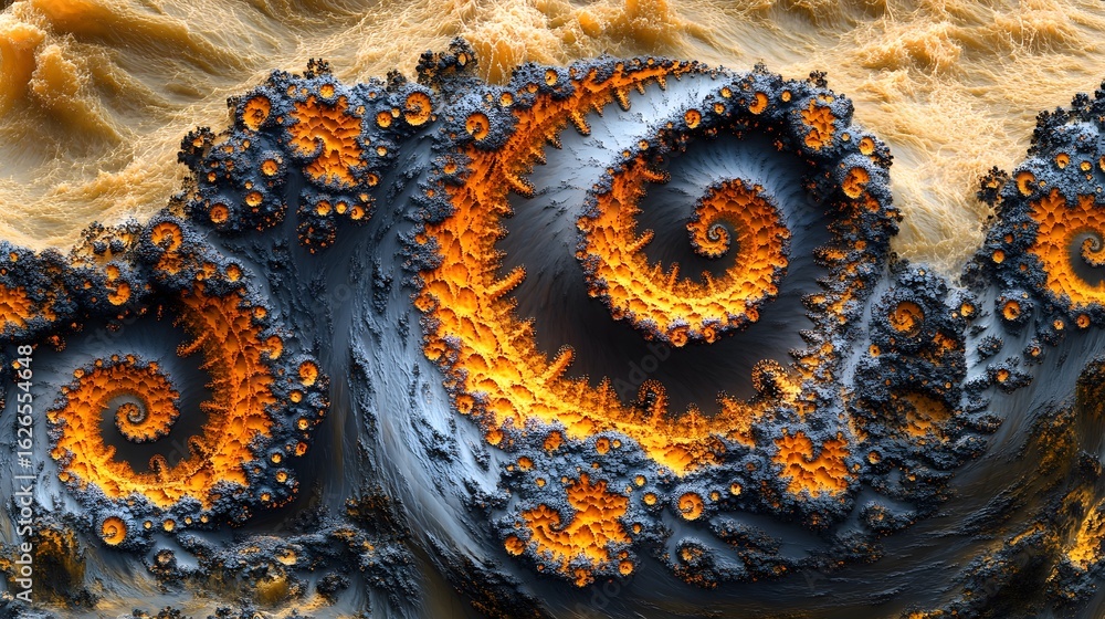 Poster intricate fractal design with swirling patterns of deep blues and fiery oranges.