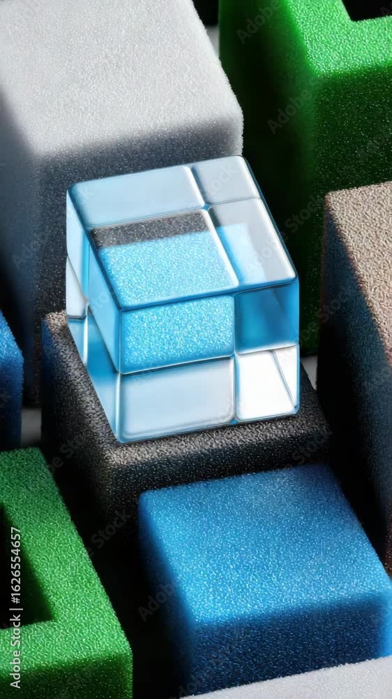 Poster colorful foam blocks surrounding clear blue cube create playful geometric contrast in visually strik
