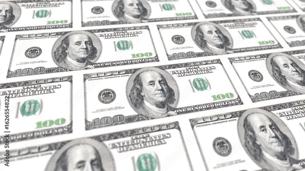 Poster animated horizontal scrolling design of $100 bills with camera blur at the top and bottom edges