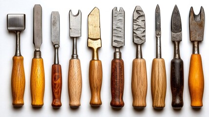 Woodworking chisels and gouges lying on white background