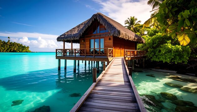 Oceanfront Bungalow on Tropical Island with Turquoise Water