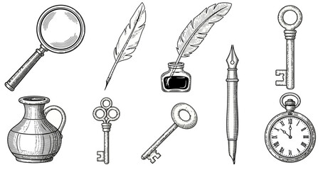 Collection of antique writing tools and vintage items including keys and a pocket watch illustration
