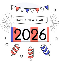 Happy New Year 2026 Gold Text with Fireworks and Glitter on Dark Background – Festive Holiday Vector Design
