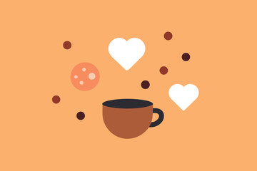 Vector art of a cup of coffee with hearts and coffee beans floating around it