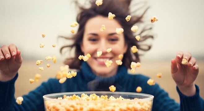 A smiling woman throwing popcorn in the air above a bowl wearing a blue sweater outdoors blurred view