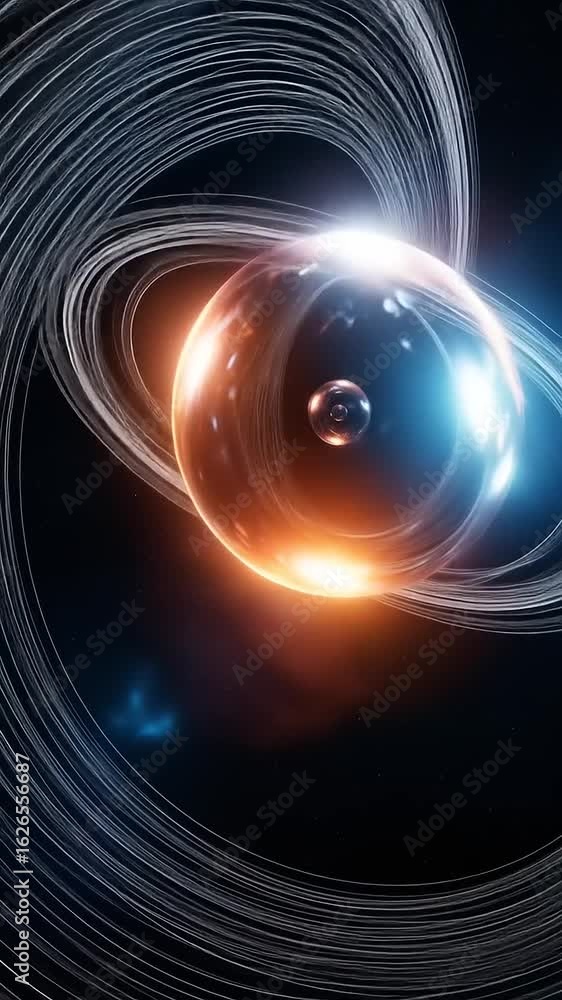 Poster abstract glowing sphere with dynamic light rings and a floating orb in futuristic space.