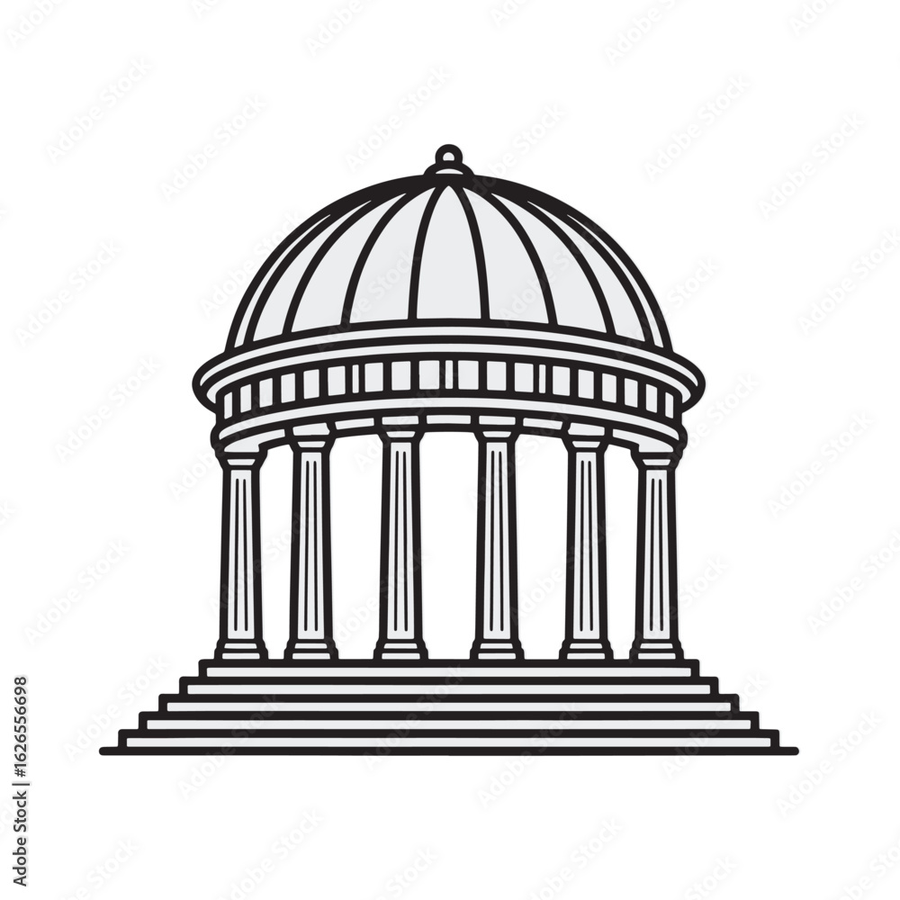 Poster architectural illustration of a building with a dome supported by columns rising from wide steps a s