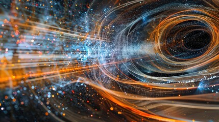 Abstract representation of a wormhole with swirling lights and cosmic dust particles effect art