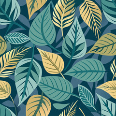 Abstract graphic pattern of various leaves in teal and gold tones on a dark background. Intricate designs and detailed veining create a lush. tropical feel.