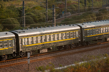 Green trains run on the tracks