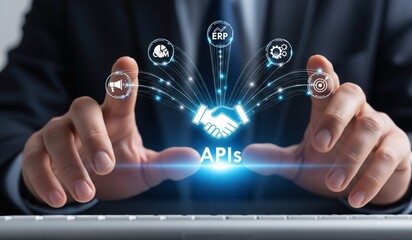 AI automation and API automation. Data transfer through system integration. Intelligent process automation technology solutions. Businessman using laptop computer for managing automation technology. 