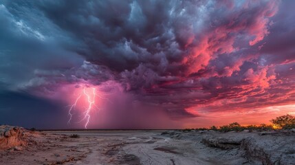 Naklejka premium Dramatic lightning storm over a desert landscape at sunset.