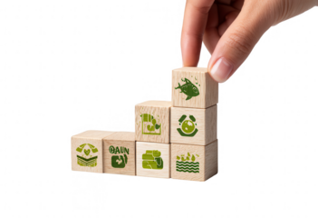 Hand placing wooden block on a step-like structure; icons of various themes