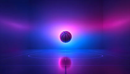 Dynamic basketball suspended mid-air in a neon-lit court with vibrant purple and blue hues