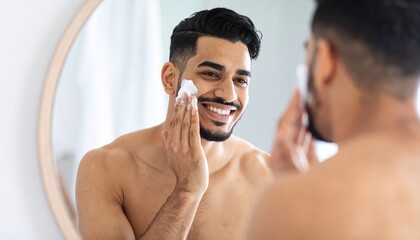 Handsome man applying shaving cream on face in bathroom mirror