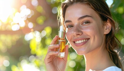 Beautiful woman holding essential oil serum for facial skin care treatment