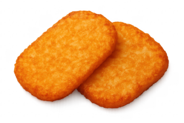 Two golden hash browns resting on a transparent background