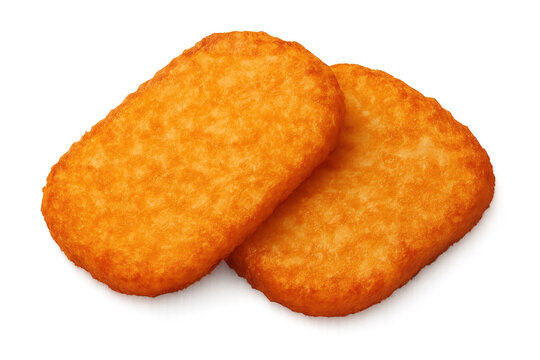 Two golden hash browns resting on a transparent background