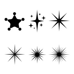 A versatile set of black star and sparkle icons, featuring various starbursts and a sheriff badge shape. Minimalist graphic elements for design.