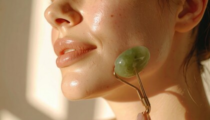 Woman massaging face with jade roller for lymphatic drainage and skincare routine